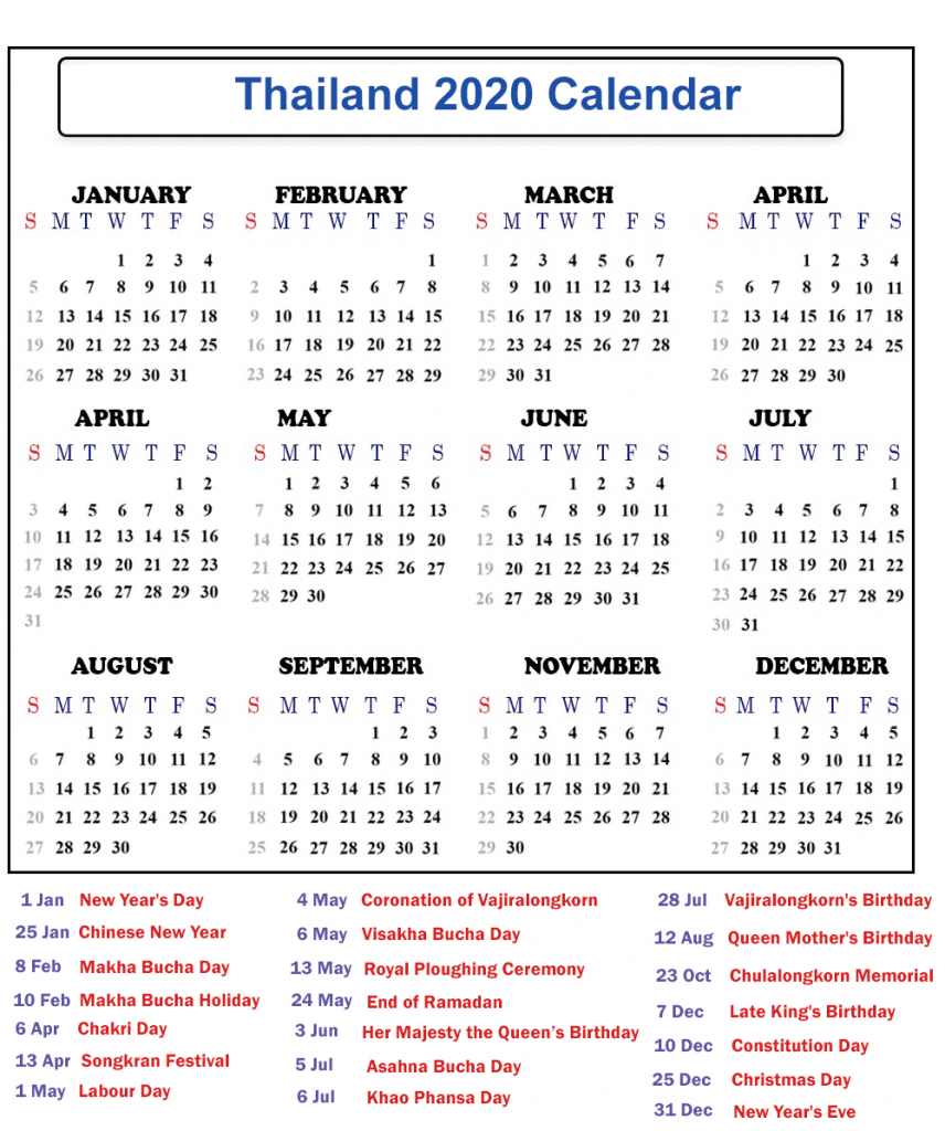 Thailand Calendar 2020 Public Holidays
