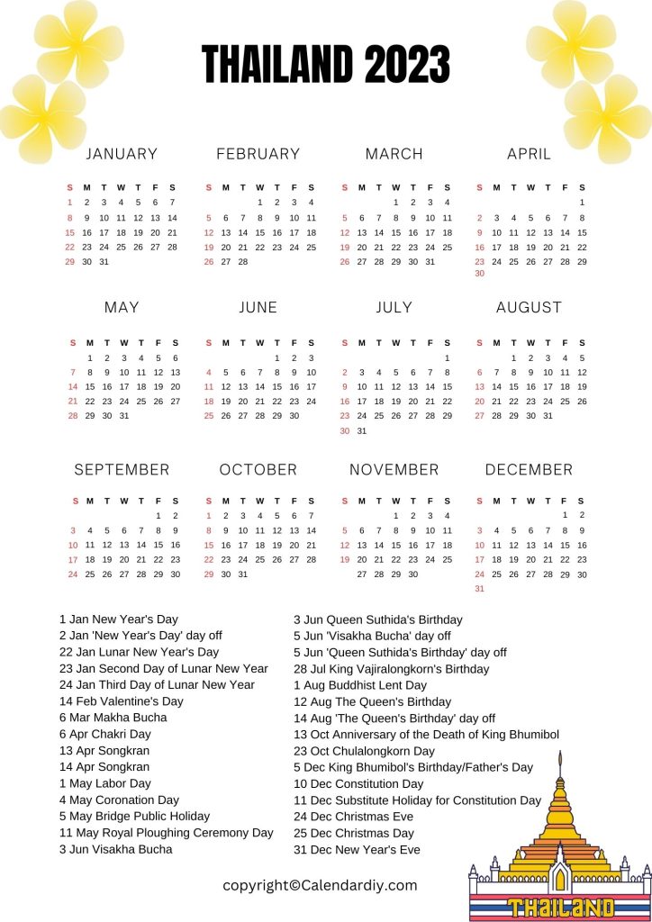 2023 Printable Thailand Calendar with Public Holidays