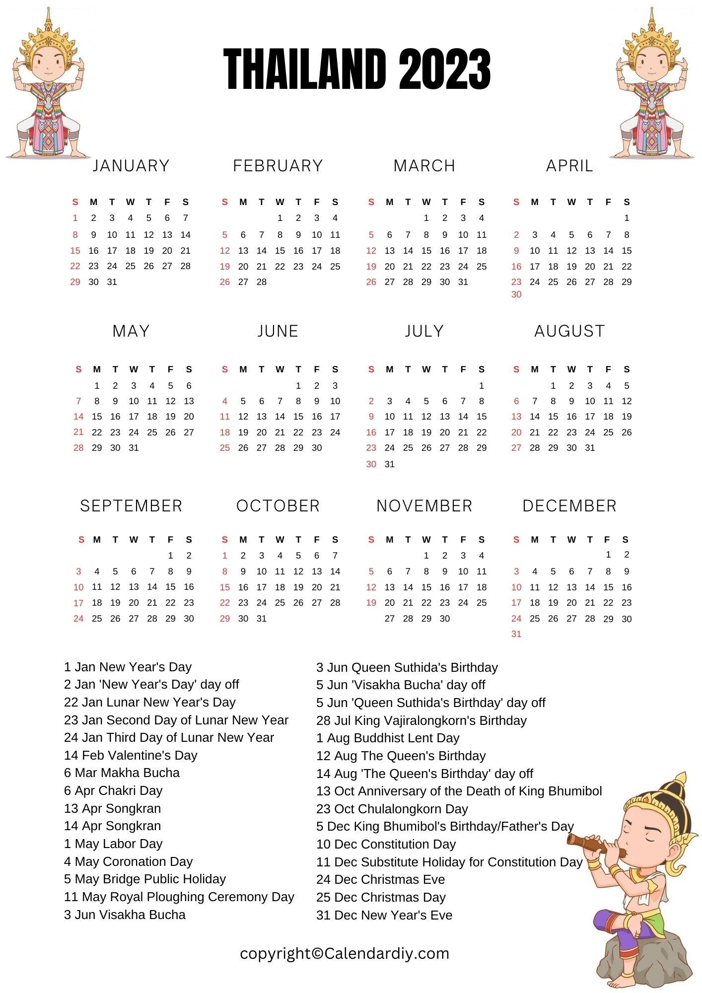 Printable Calendar 2023 with Thailand Holidays