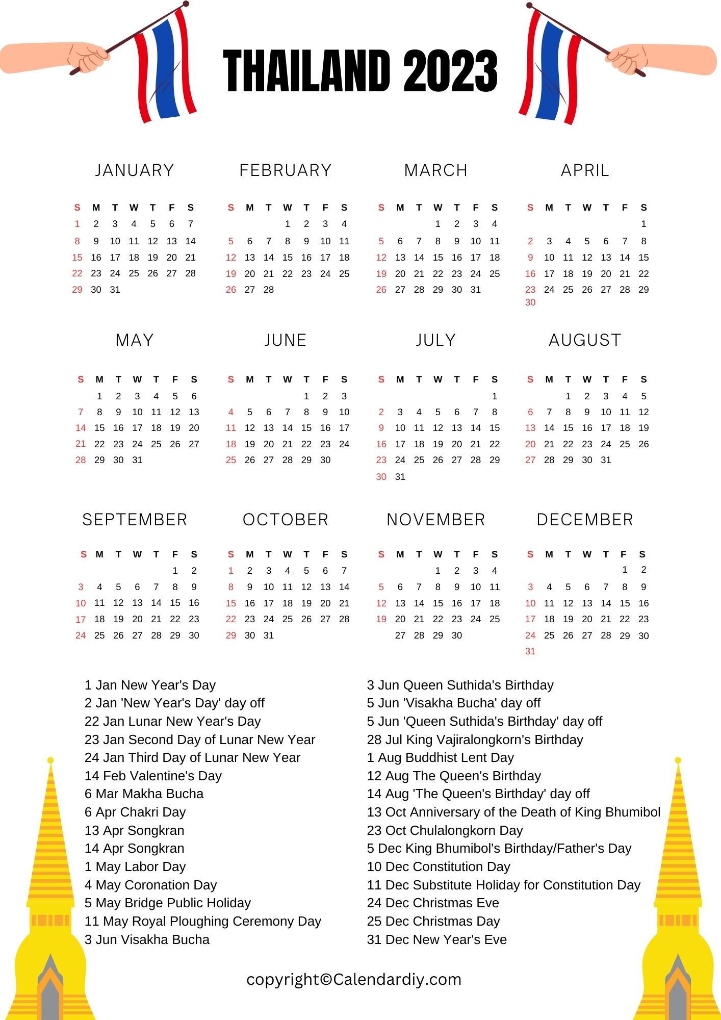 Thailand Calendar 2023 Public Holidays