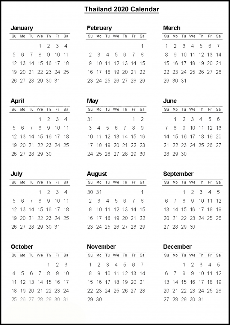 Free Thailand 2020 Printable Calendar With Public Holidays