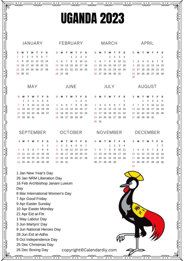 Printable Uganda 2023 Calendar