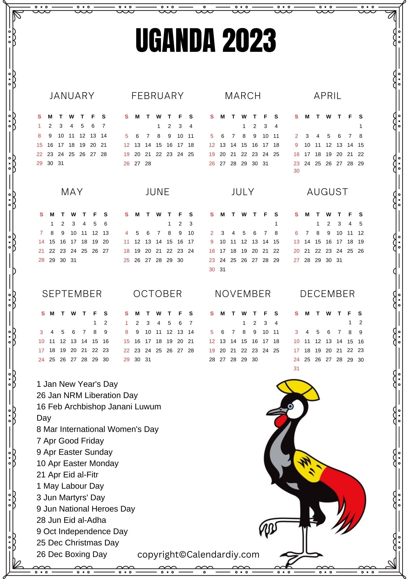 Printable Uganda Calendar 2023 With Public Holidays