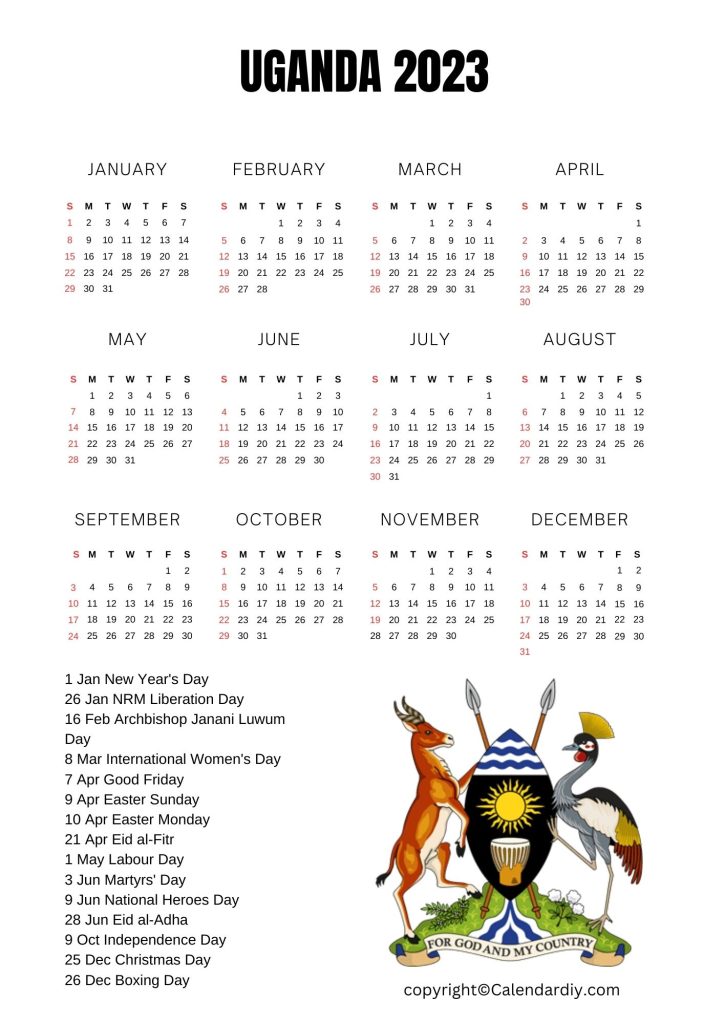 Printable Uganda Calendar 2023