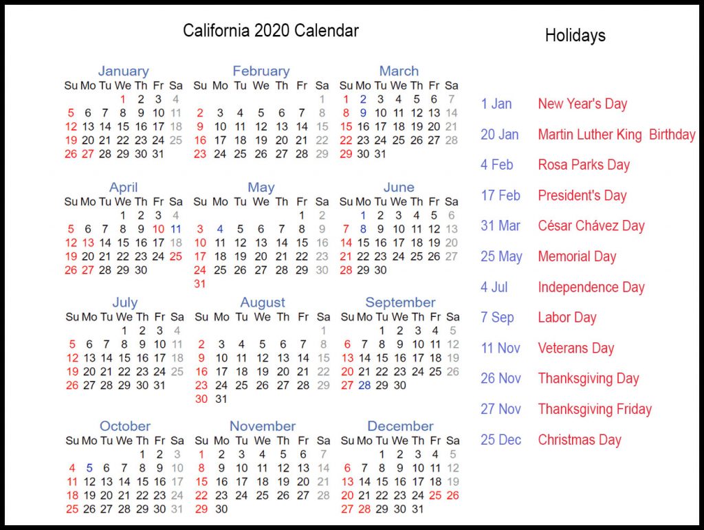 Printable 2020 California Calendar Public Holidays