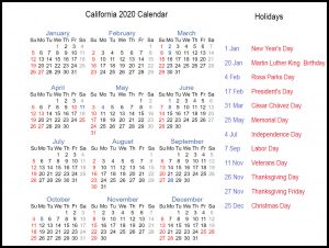 Printable 2020 California Calendar Public Holidays