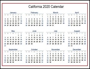 2020 California Calendar