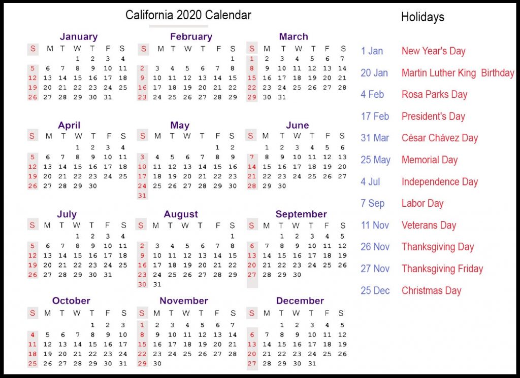 Public Holidays in California 2020