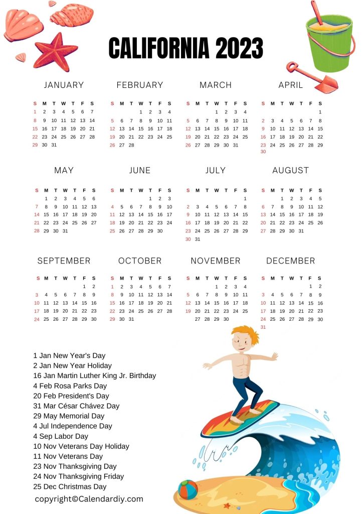 Printable Calendar 2023 California 