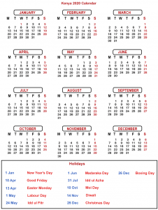 Blank Kenya 2020 Printable Calendar With Public Holidays