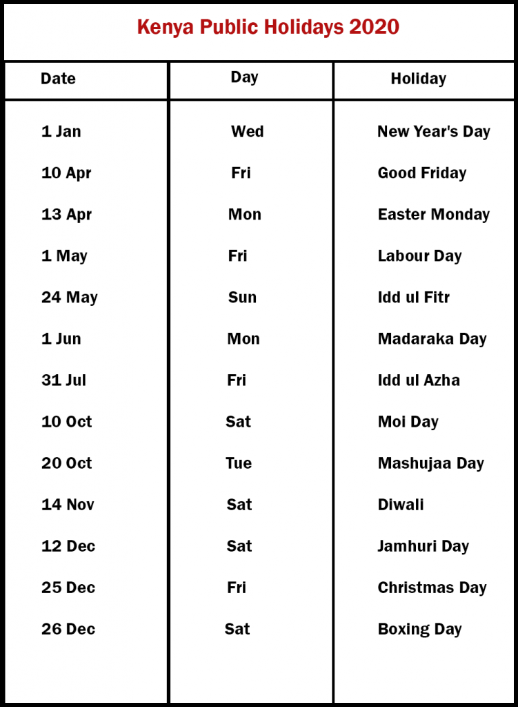 Printable Calendar 2020 with Kenya Holidays