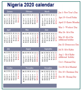 Nigeria Calendar 2020 Public Holidays
