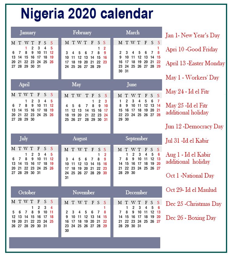 Nigeria Calendar 2020 Public Holidays