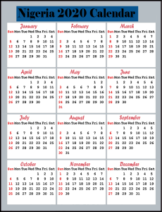 Printable Calendar 2020 with Nigeria Holidays
