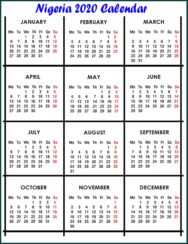 Nigeria 2020 Calendar