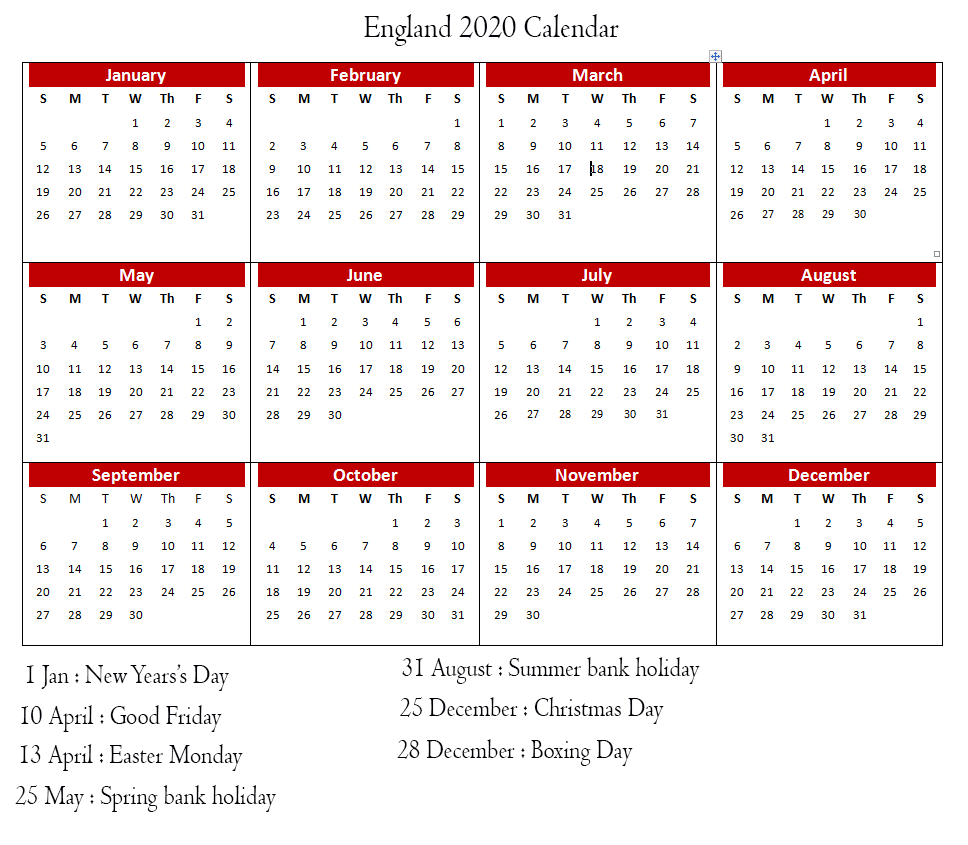 Calendar 2020 Templates With England Holidays