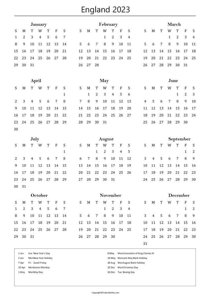 England Holiday Calendar 2023