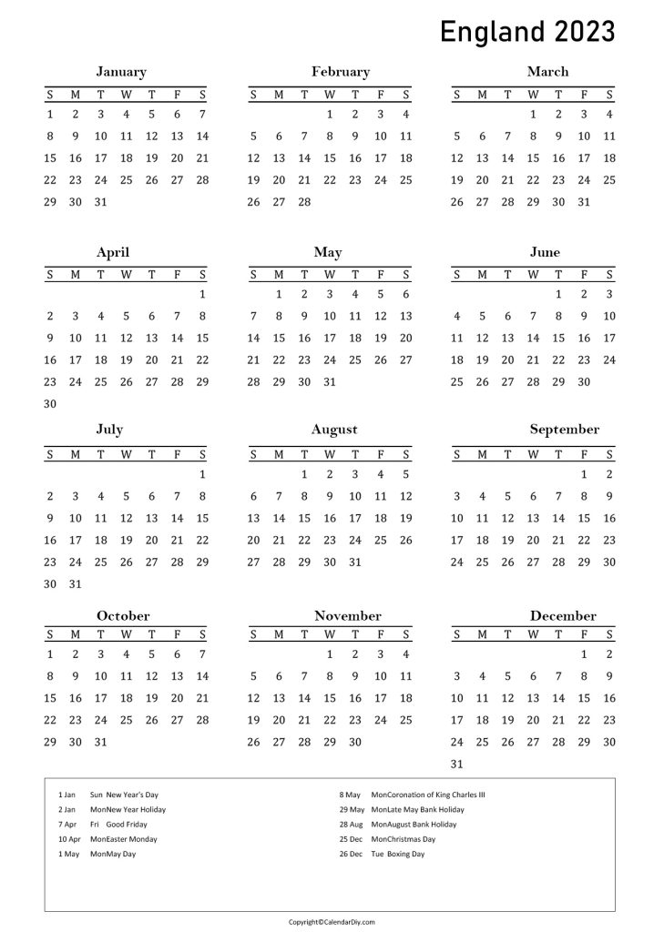 England Holiday Calendar 2023