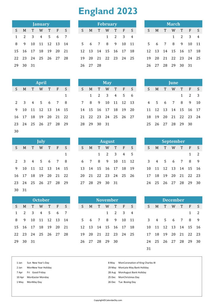 England Calendar 2023 with Holidays
