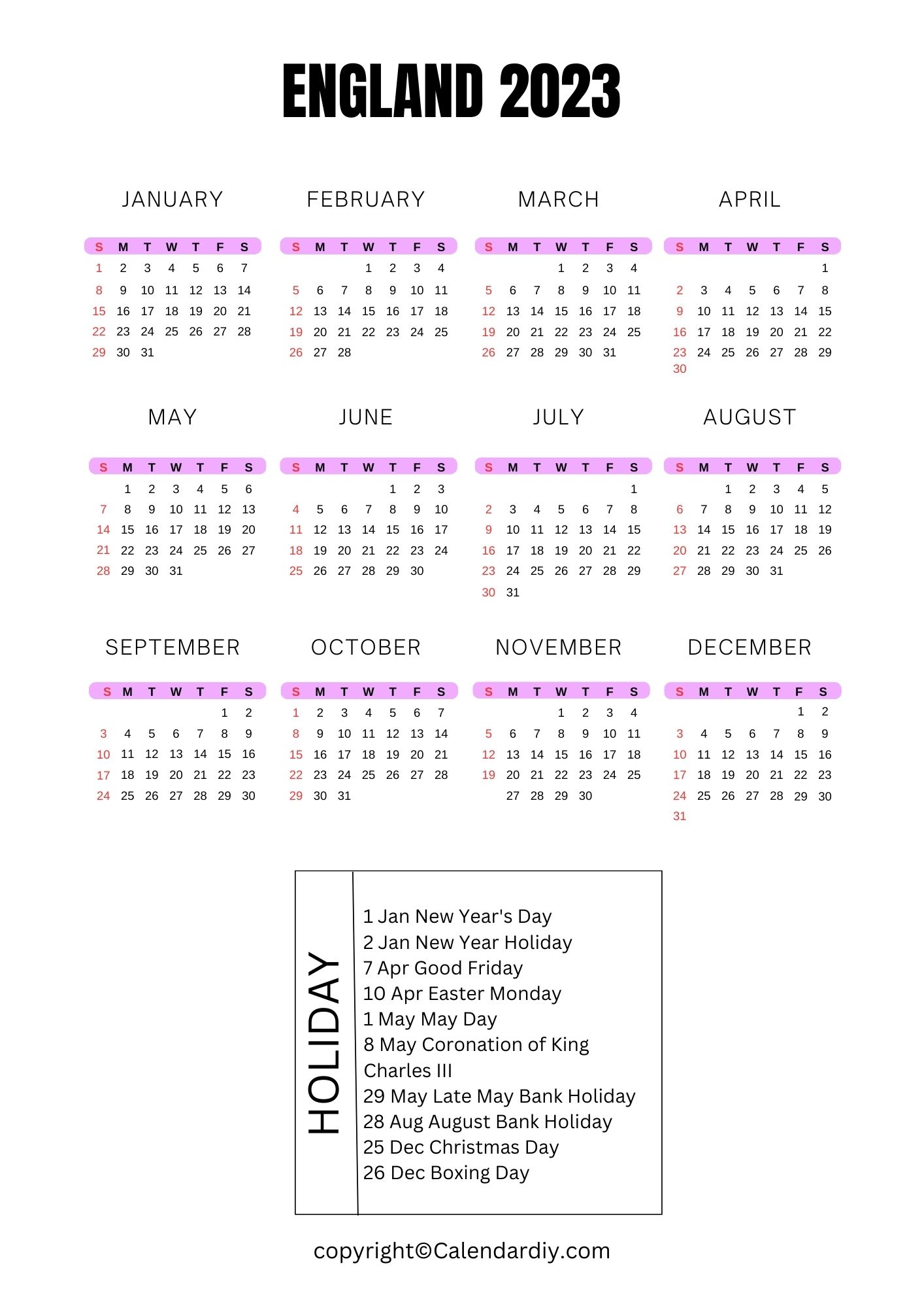 England Public Holidays 2023 with England Calendar