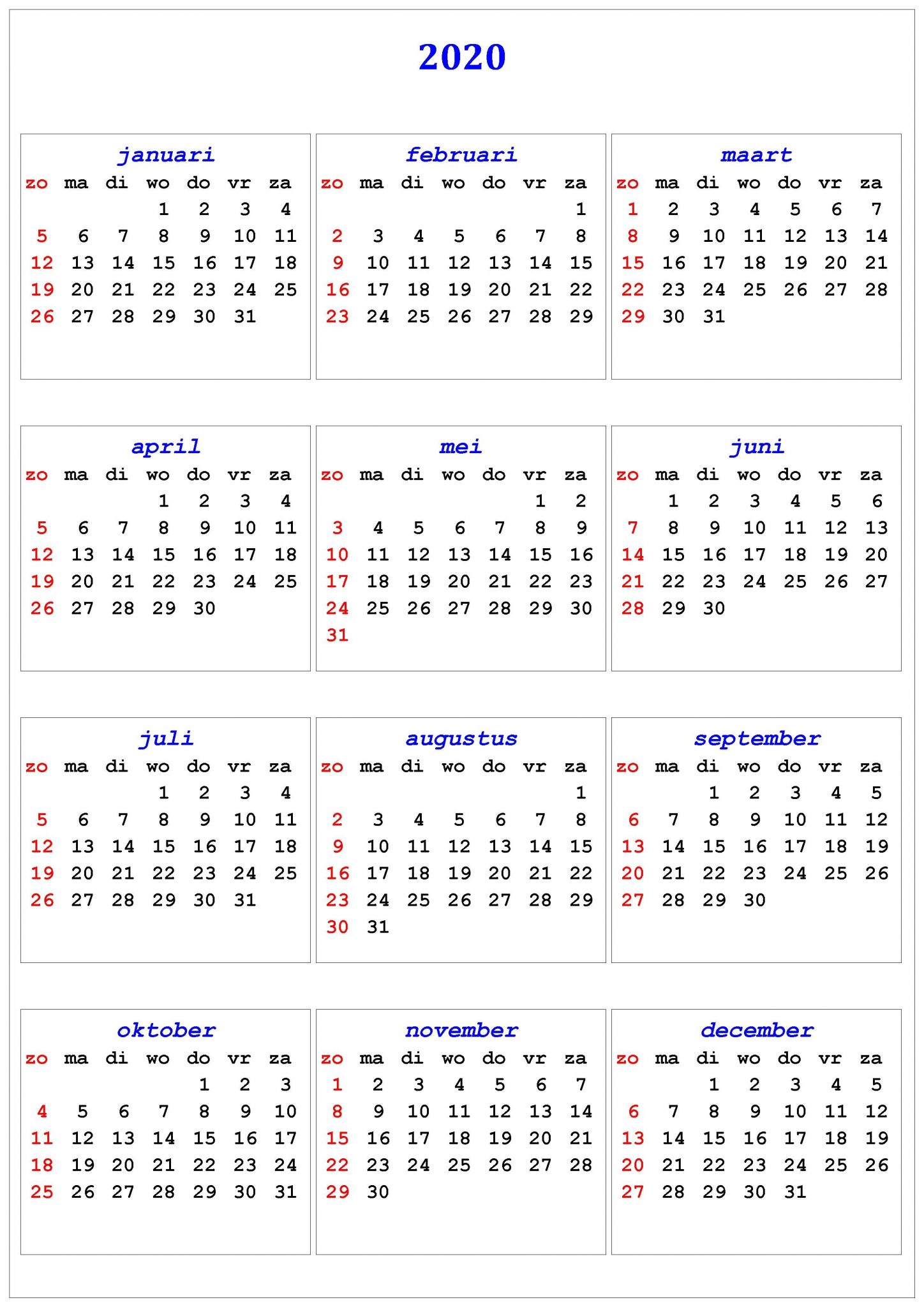 Printable Netherlands Public Holidays 2020 Calendar Templates