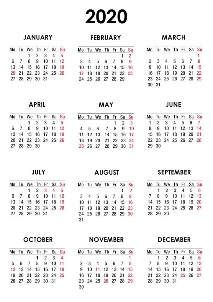 Printable England Calendar 2020