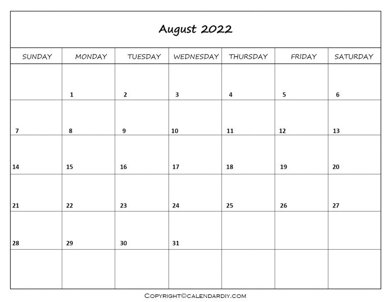 Free Blank August 2022 Calendar Printable in PDF & Excel