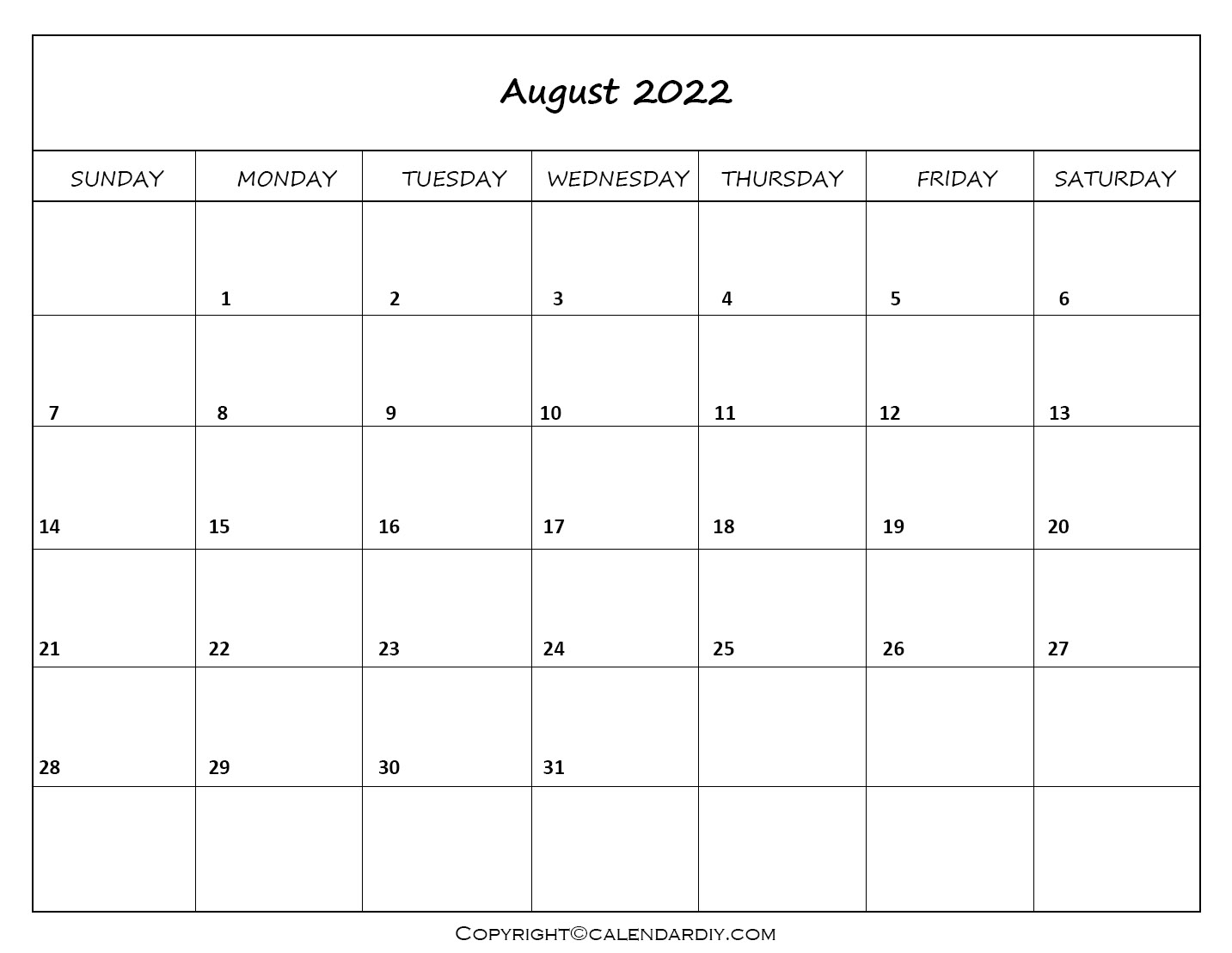 Free Blank August 2022 Calendar Printable In Pdf And Excel