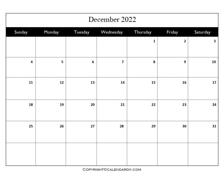 Free Blank December 2022 Calendar Printable in PDF, Excel