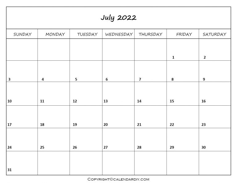 Free Blank July 2022 Calendar Printable in PDF & Excel