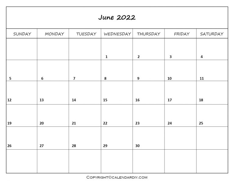 Free Blank June 2022 Calendar Printable in PDF, Word