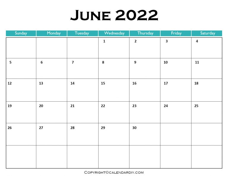 Free Blank June 2022 Calendar Printable in PDF, Word