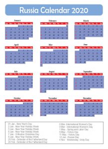 Russia Calendar 2020 with Holidays