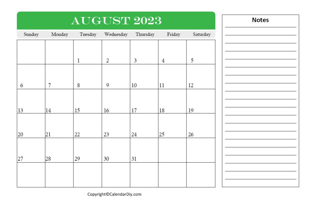 August Calendar 2023 with Notes