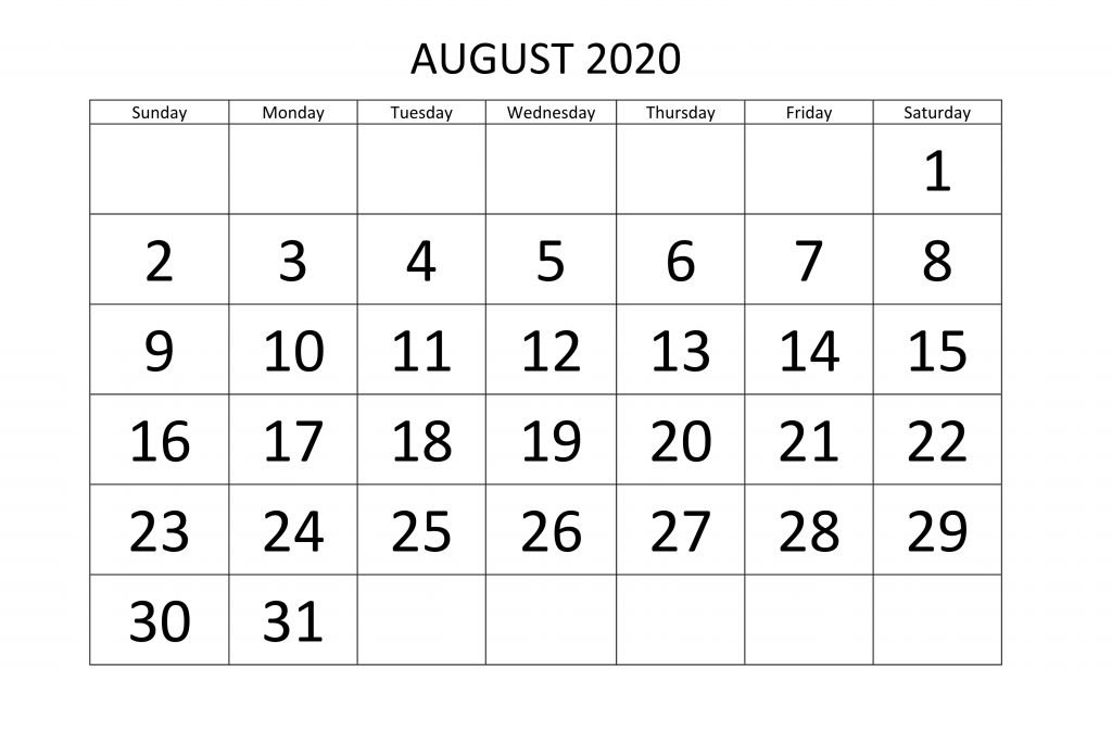 2020 August Calendar PDF
