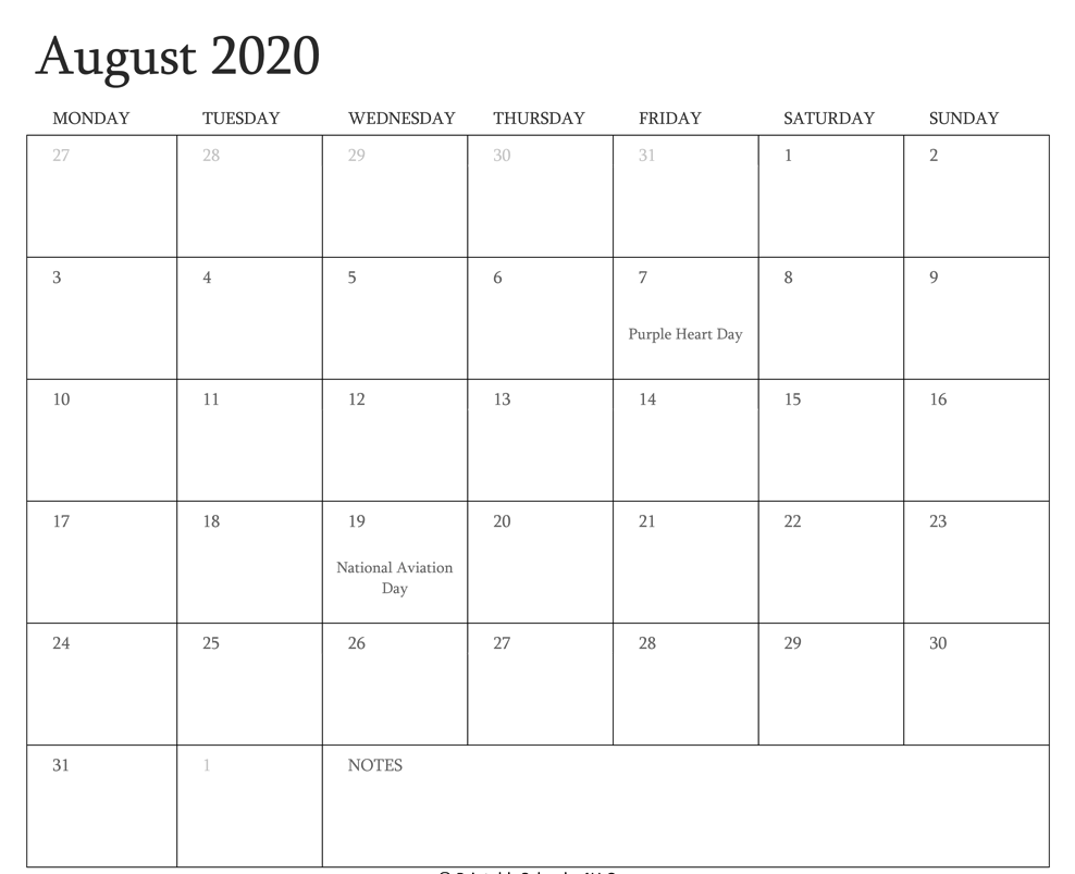 August Calendar 2020 Word