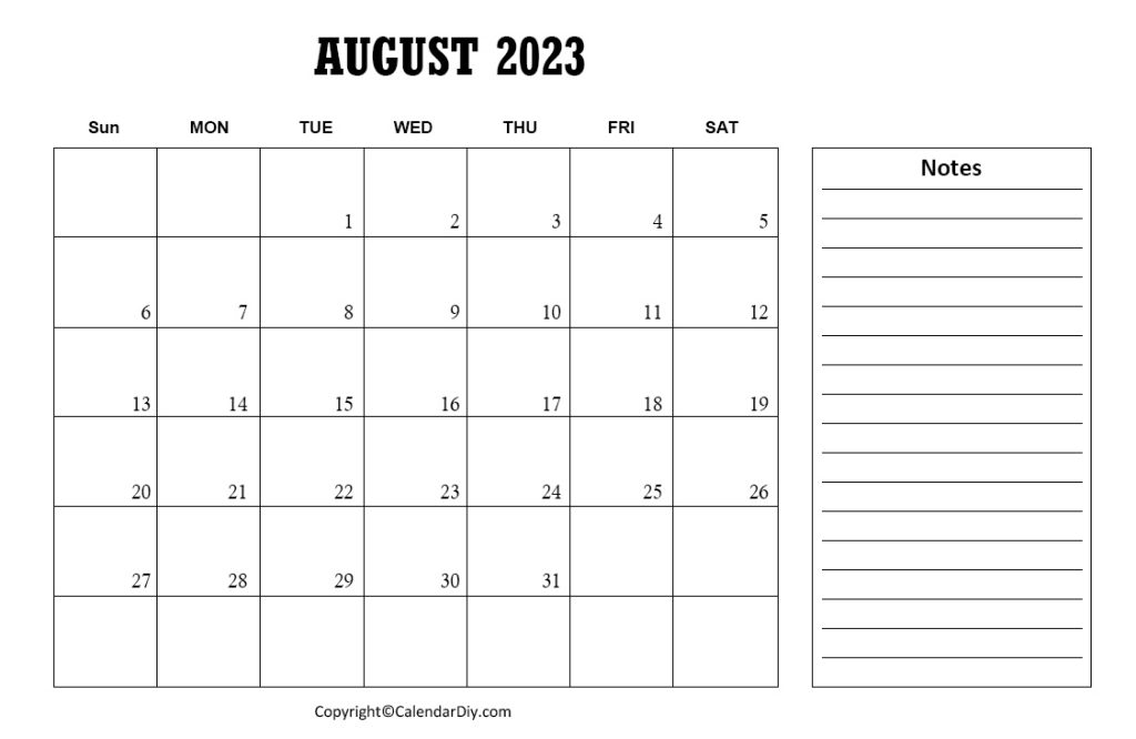 August Calendar 2023 with Notes