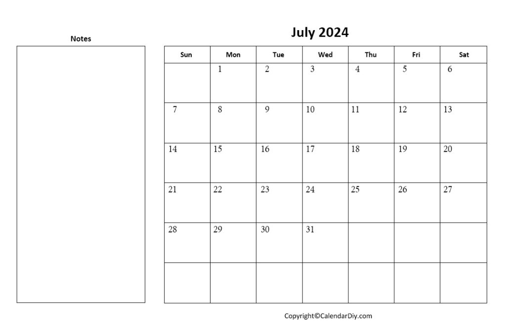 July Calendar 2024 with Notes