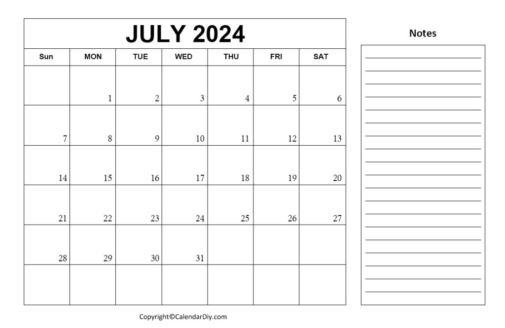 July Printable Calendar 2024 with Notes