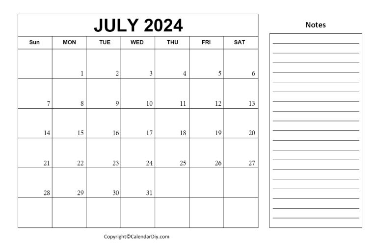 July Calendar 2024 with Notes [Free Printable Pdf]