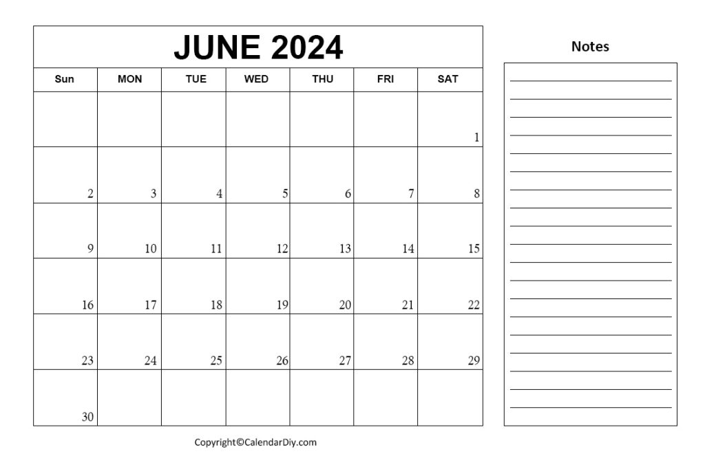 Free June Calendar 2024 with Notes