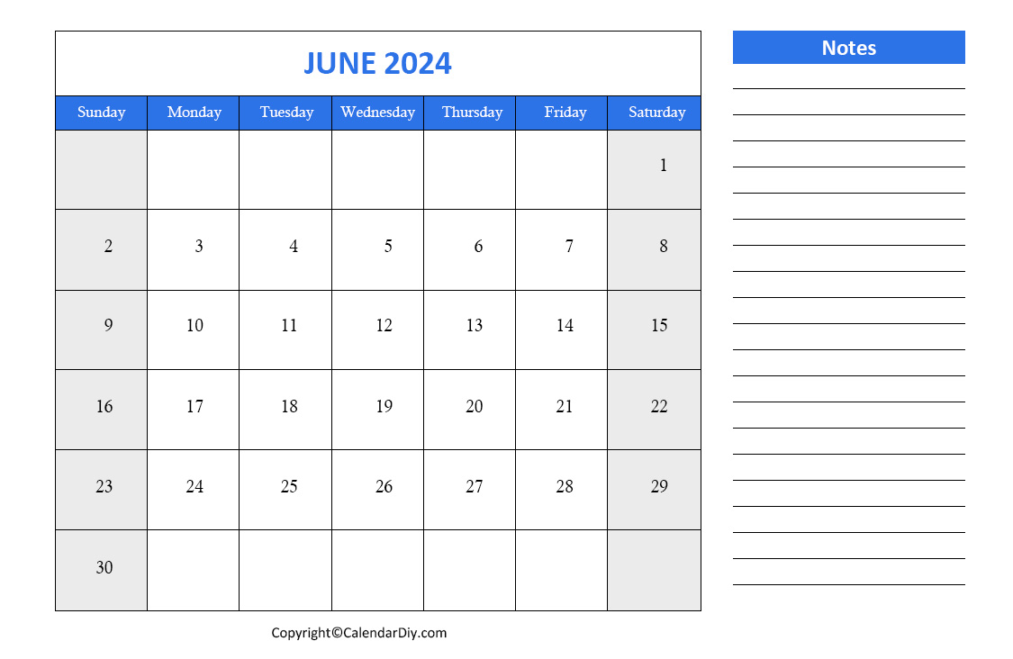 June Calendar 2024 with Notes [Free Printable Pdf]