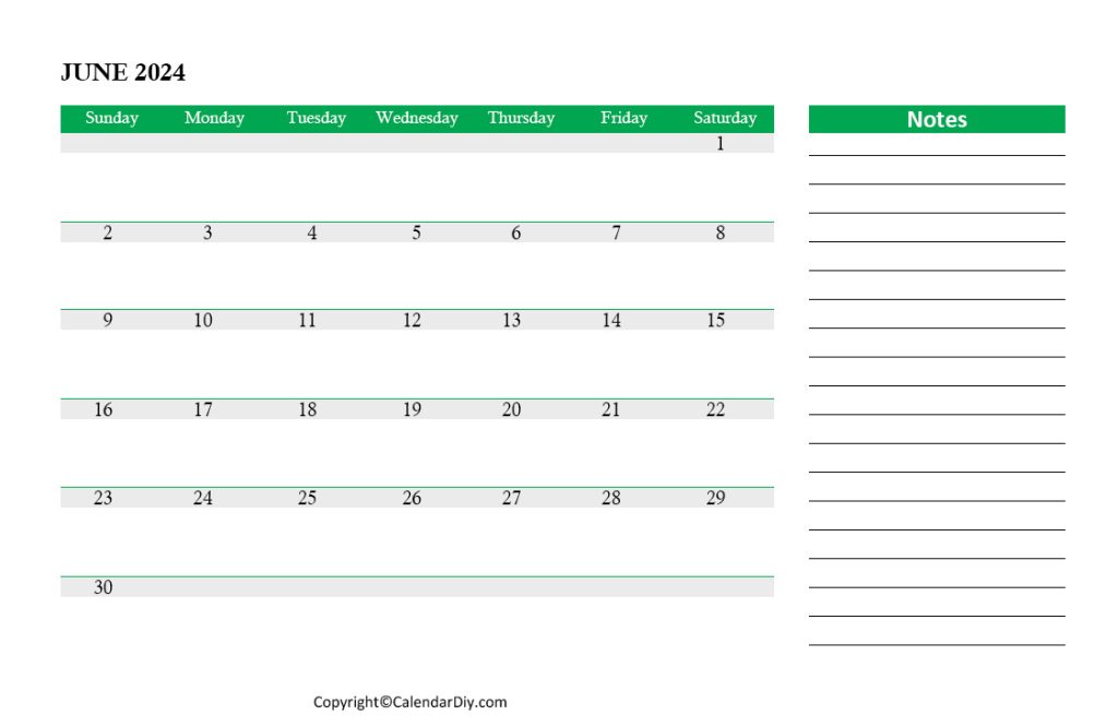 June Calendar 2024 Printable with Notes