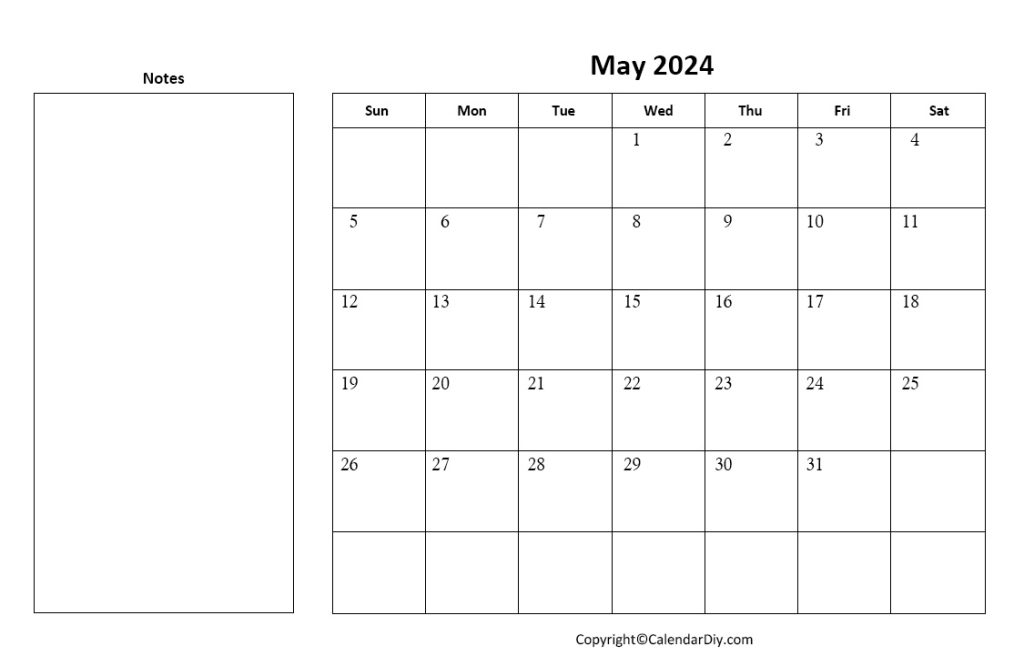 May 2023 Calendar Portrait Template with Notes
