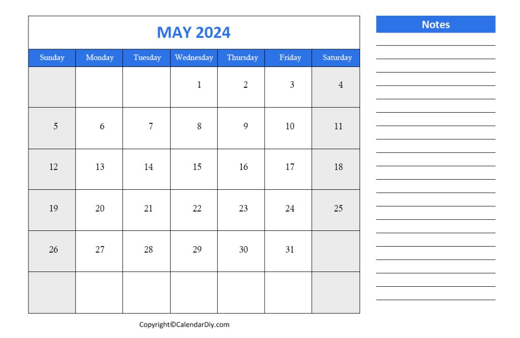 May 2023 Calendar With Blank Notes 