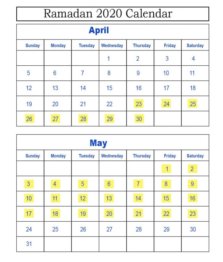 Ramadan 2020 Calendar with Prayer Times