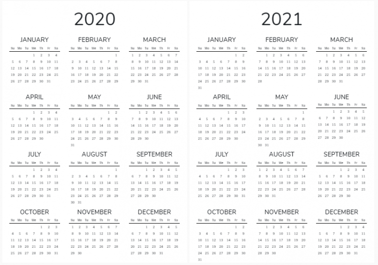 Free Printable 2020 and 2021 Yearly Calendar