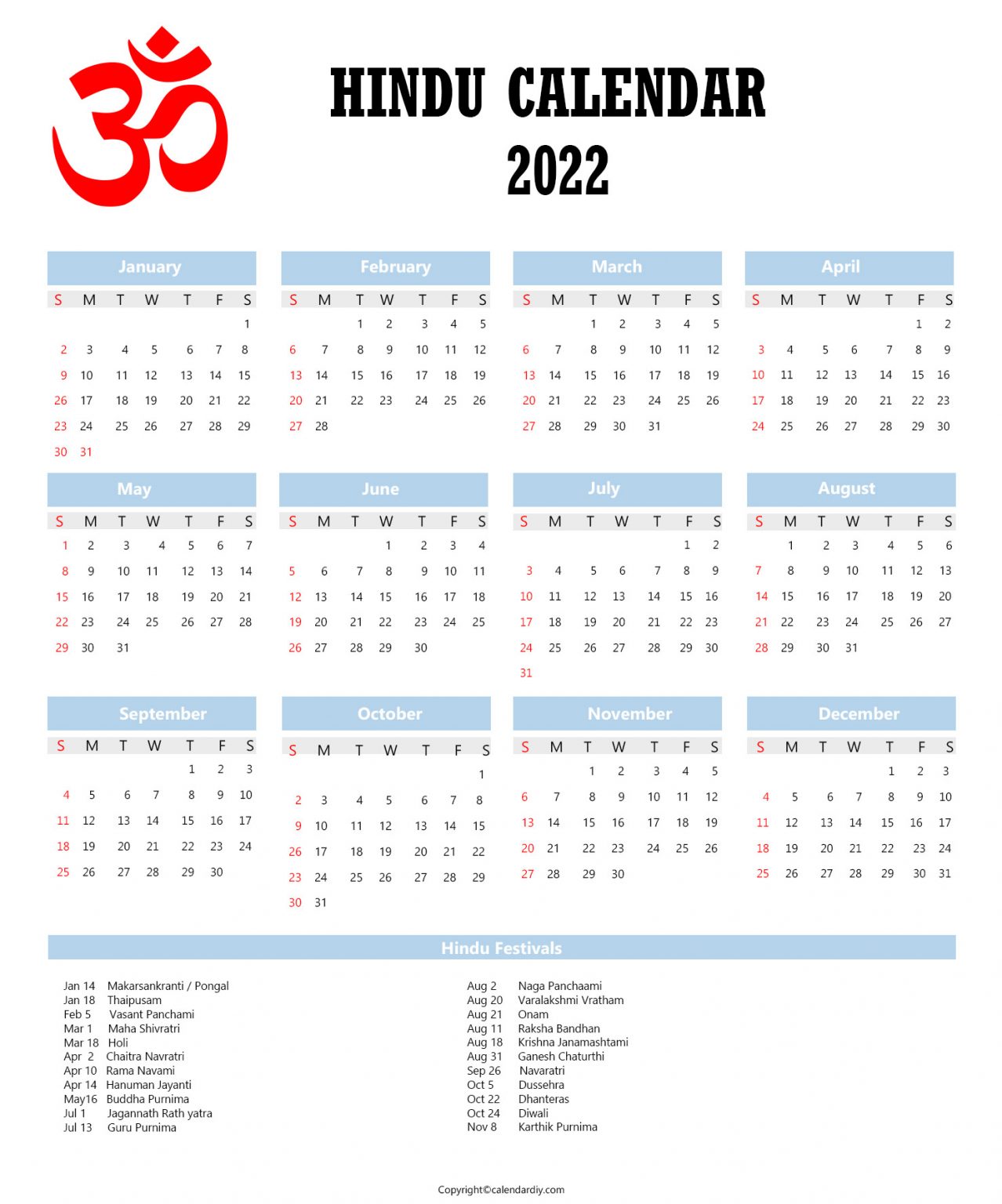Hindu Calendar 2022 with Tithi Hindu Panchang 2022