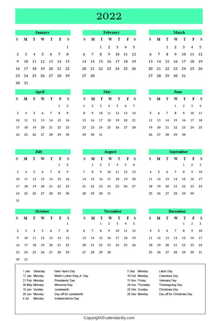Calendar 2022 Holidays