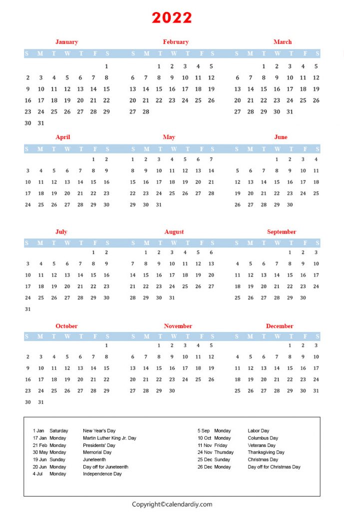 Holiday Calendar 2022 Template | Calendar 2022 Holidays
